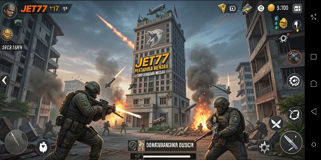 Screenshot JET77 menampilkan gameplay menara pertahanan yang mendebarkan.